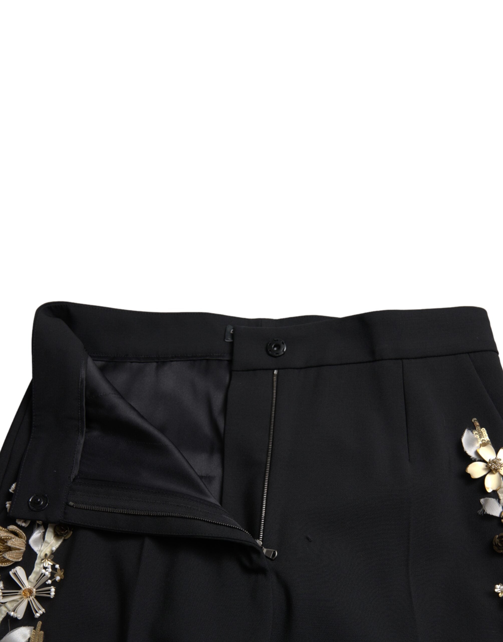 Black floral applique high waist tapered pants by Dolce & Gabbana, featuring intricate floral embroidery and a sleek high-waist fit.