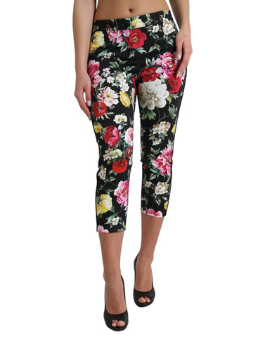 Black floral print mid-waist cropped pants by Dolce & Gabbana, featuring a stylish floral pattern and tailored fit.
