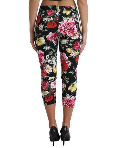 Black floral print mid waist cropped pants by Dolce & Gabbana, featuring a stylish floral design and tailored fit.