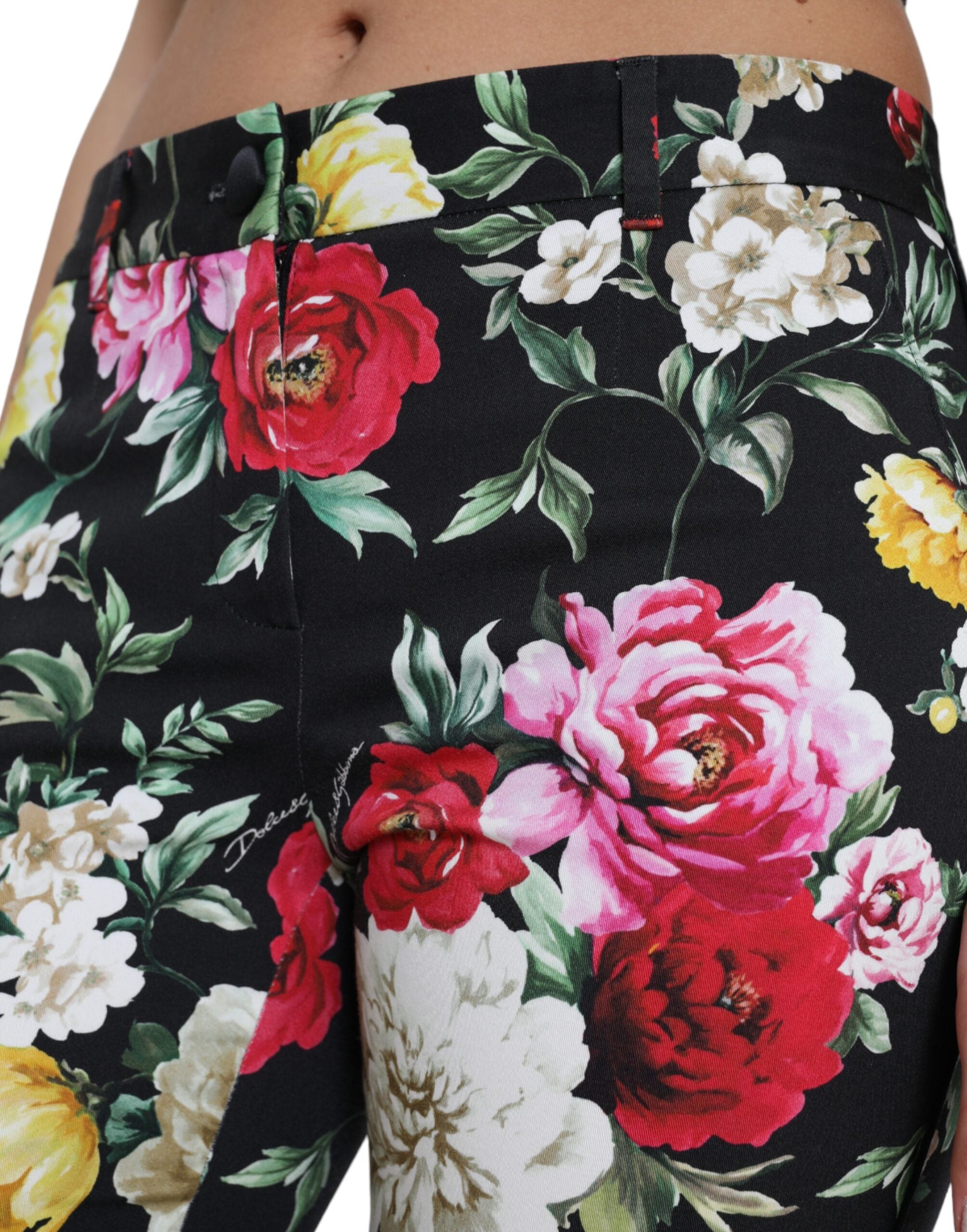 Black floral print mid waist cropped pants by Dolce & Gabbana, featuring a stylish floral design and tailored fit.