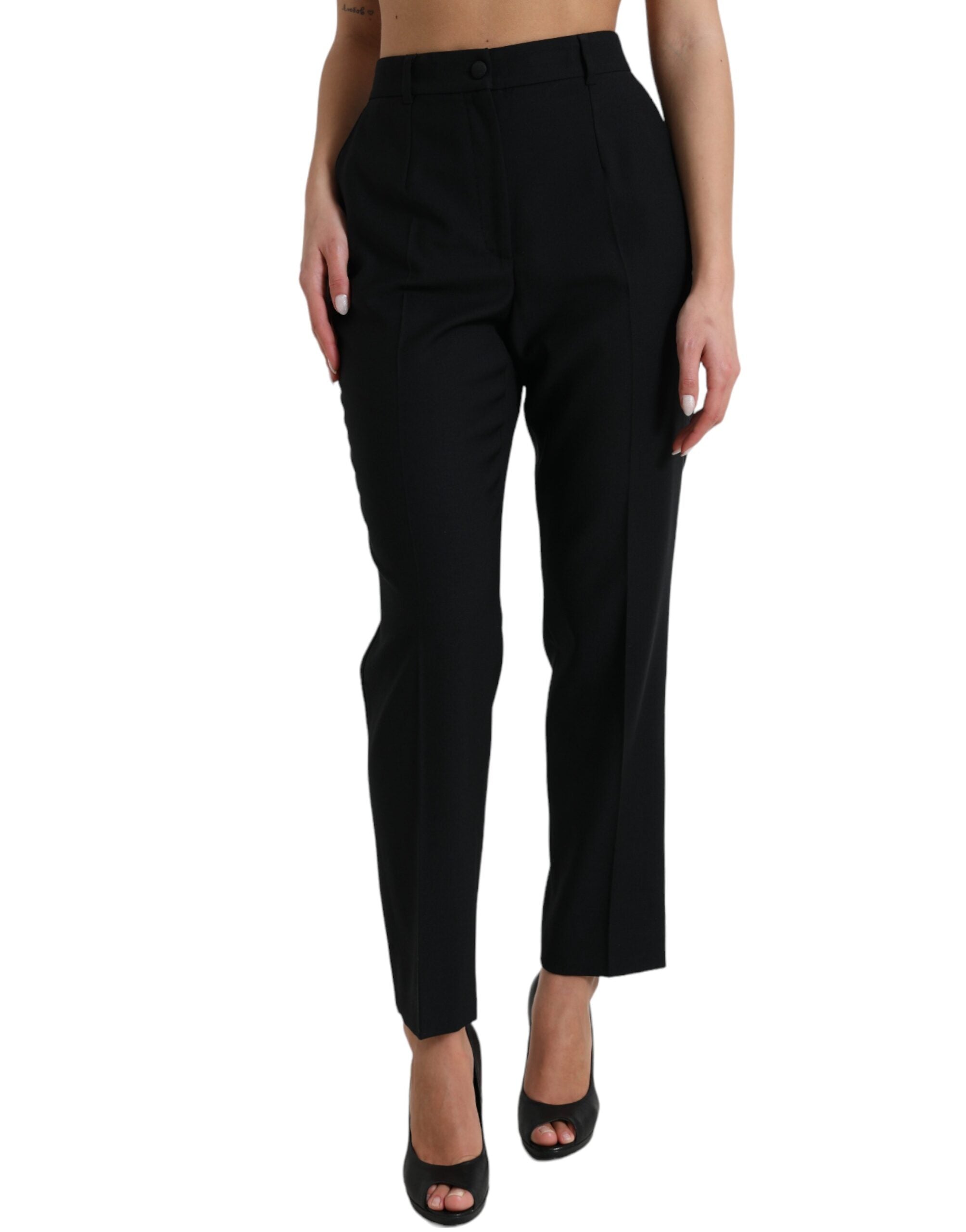 Black wool high waist straight pants by Dolce & Gabbana, showcasing tailored fit and sleek design.