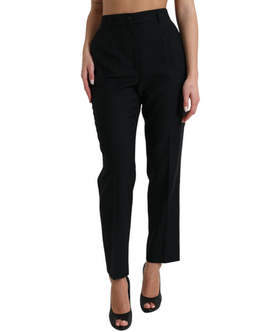 Black wool high waist straight pants by Dolce & Gabbana, showcasing tailored fit and sleek design.