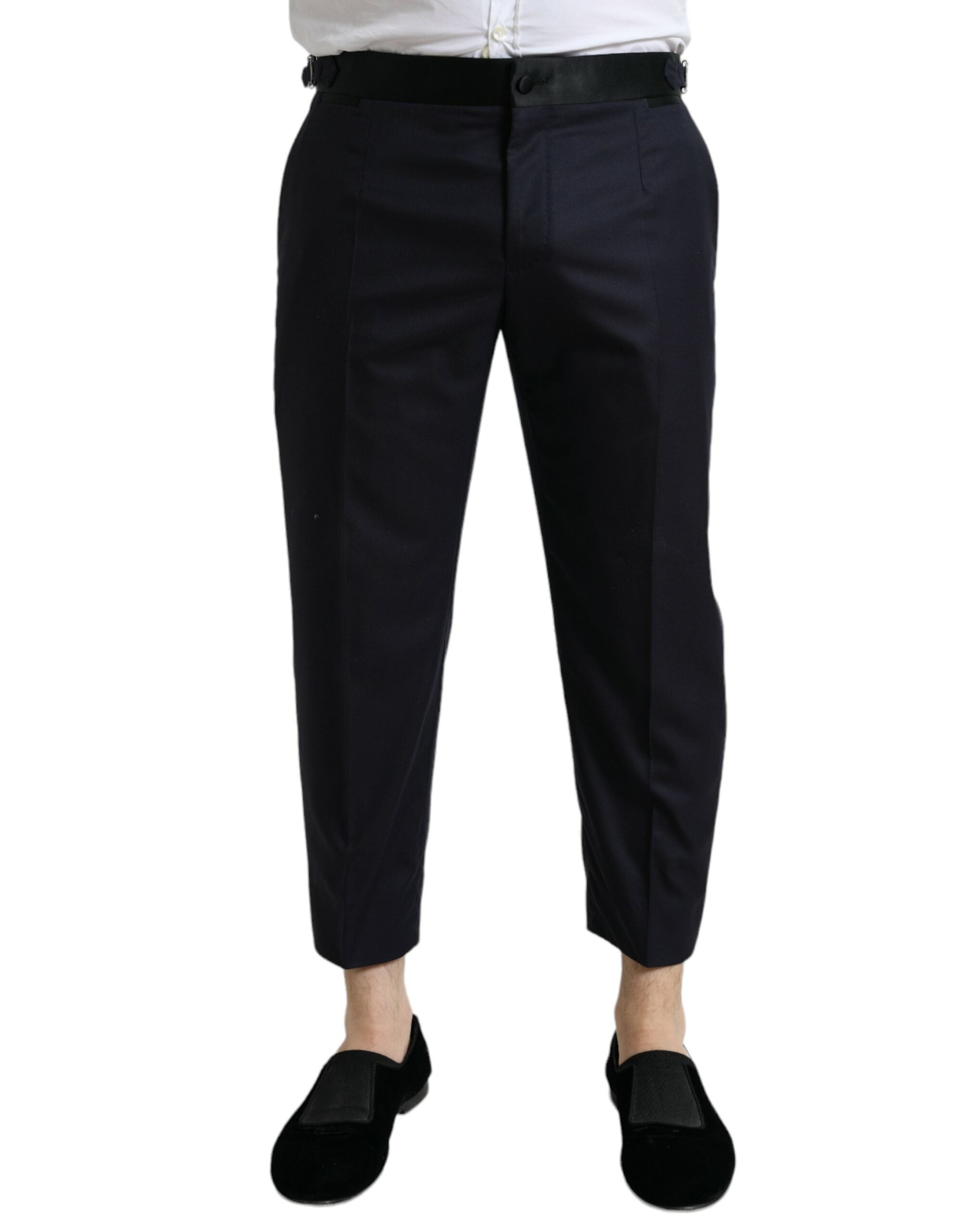 Blue wool cropped tapered pants by Dolce & Gabbana, featuring a tailored fit and stylish design.