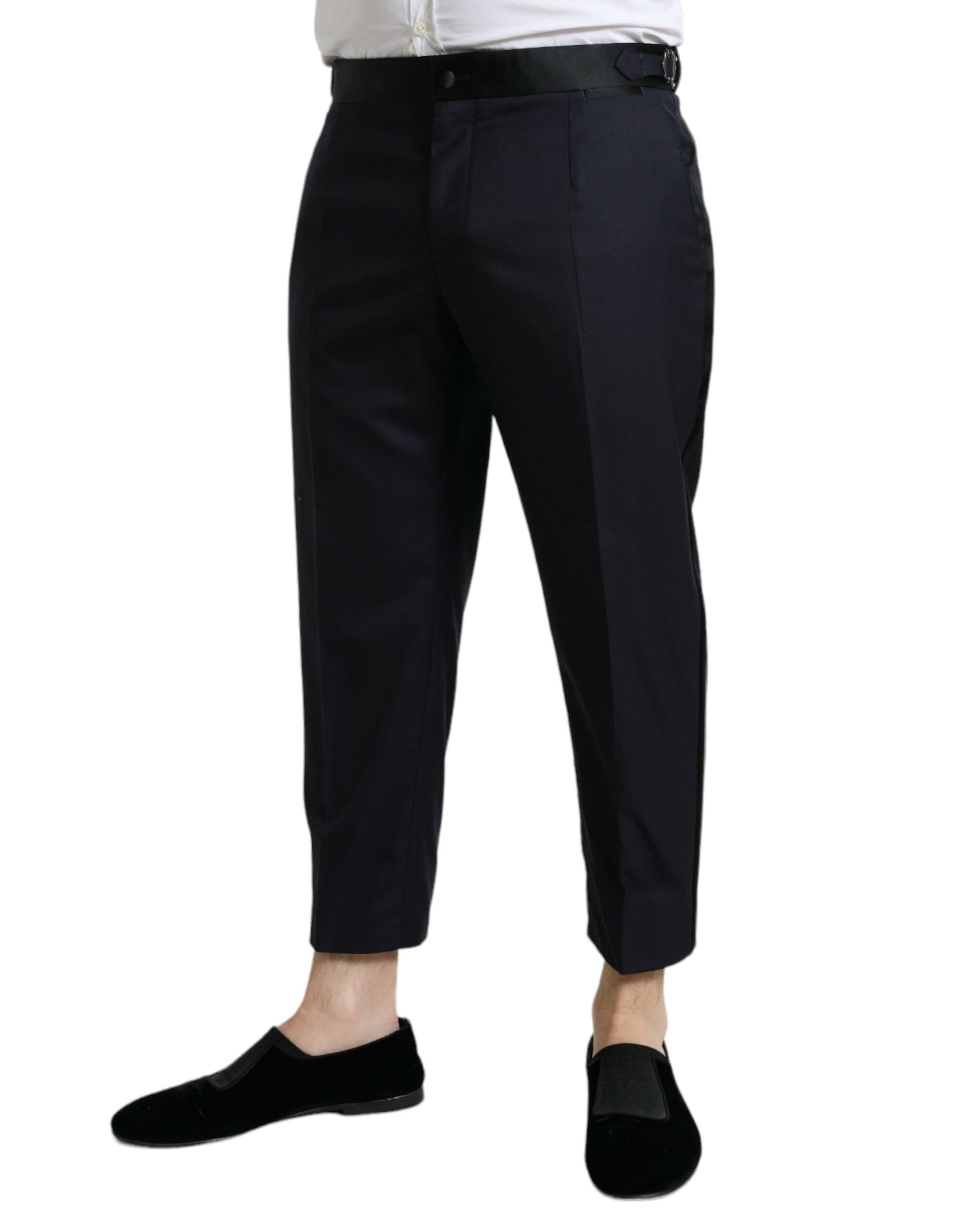 Blue wool cropped tapered pants by Dolce & Gabbana, featuring a tailored fit and stylish design.