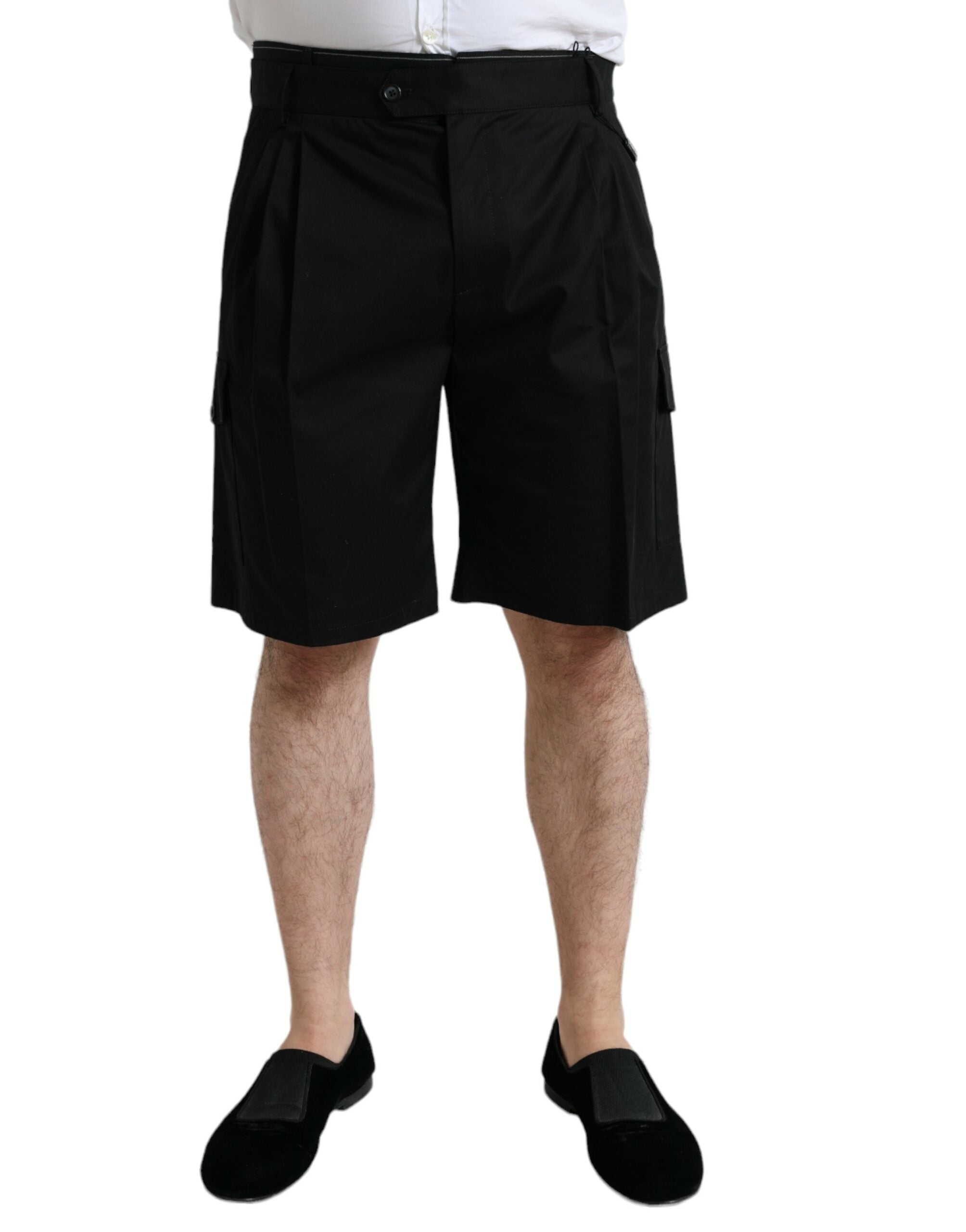 Black cotton stretch cargo Bermuda shorts by Dolce & Gabbana, featuring multiple pockets and a relaxed fit.