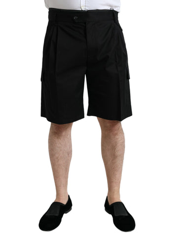 Black cotton stretch cargo Bermuda shorts by Dolce & Gabbana, featuring multiple pockets and a relaxed fit.