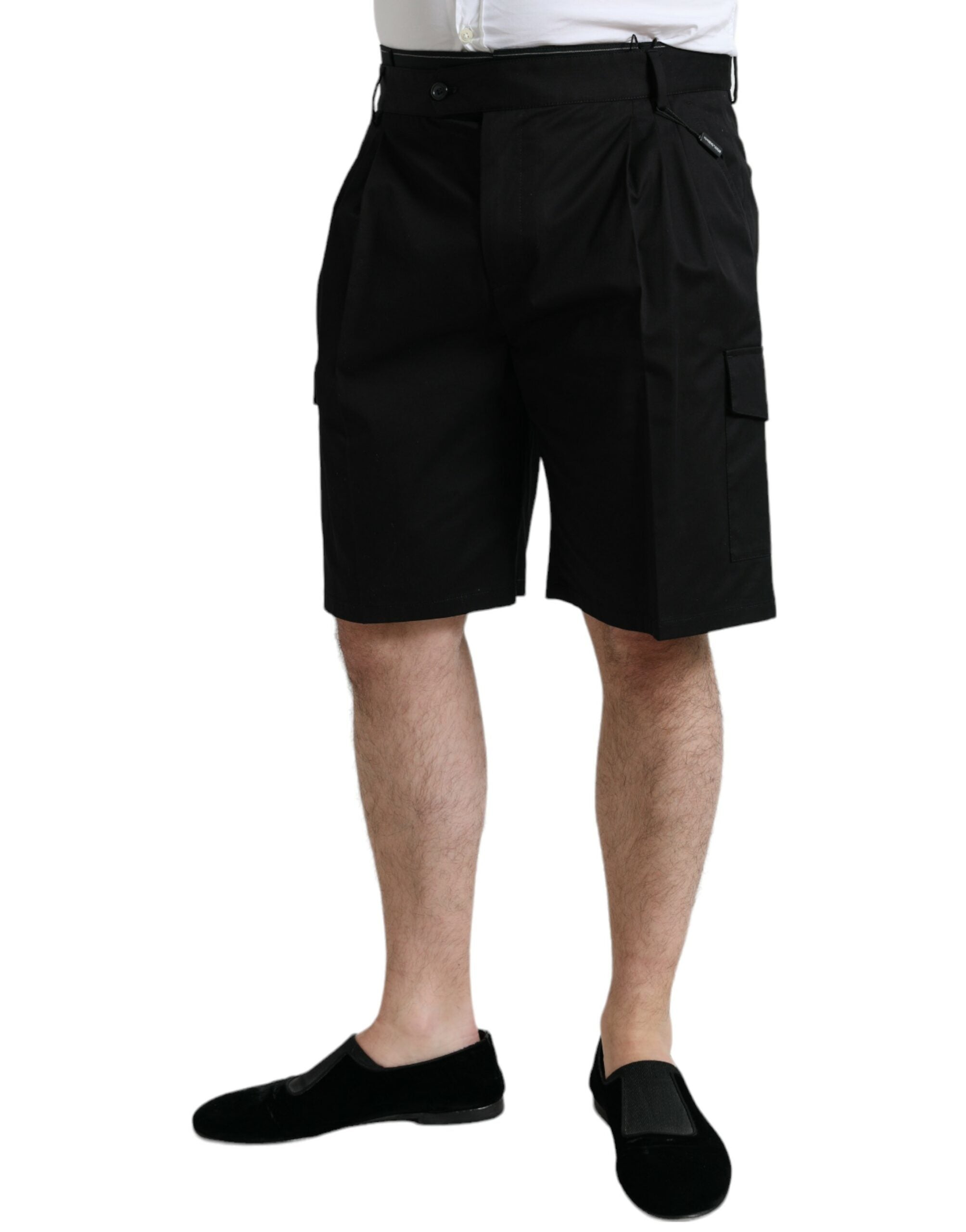Black cotton stretch cargo Bermuda shorts by Dolce & Gabbana, featuring multiple pockets and a relaxed fit.