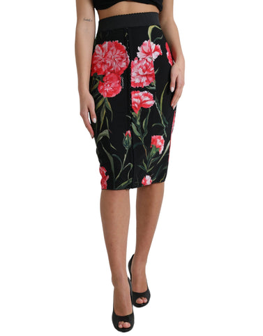 Black Carnation Pencil Cut Knee Length Skirt by Dolce & Gabbana, showcasing a fitted design with a floral pattern and pencil silhouette.