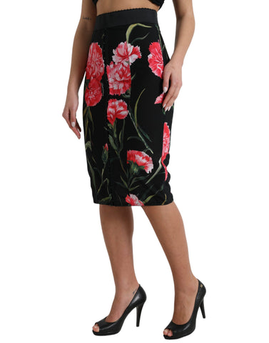 Black Carnation pencil cut knee-length skirt by Dolce & Gabbana, featuring a tailored fit and floral detailing.