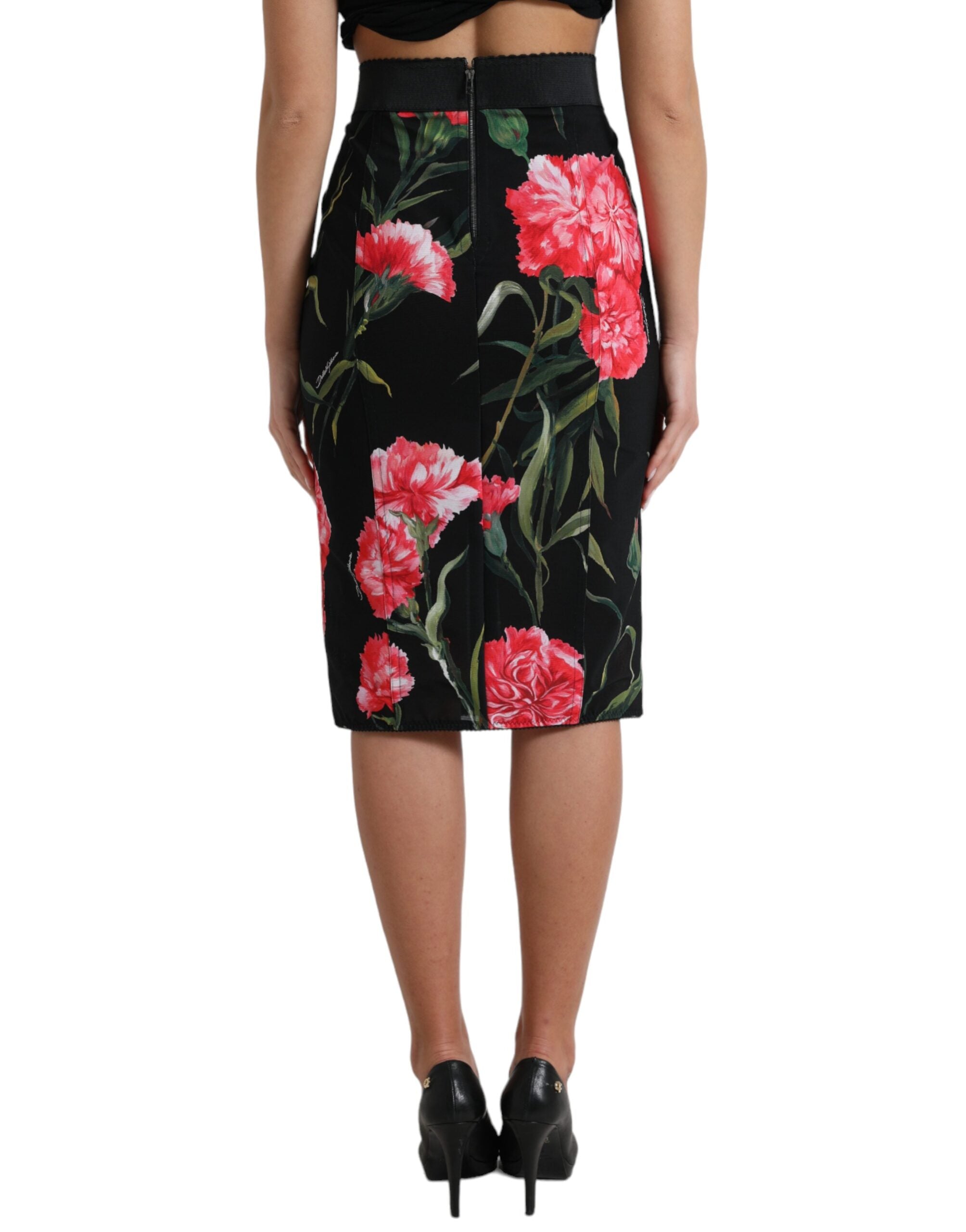 Black Carnation pencil cut knee-length skirt by Dolce & Gabbana, featuring a fitted silhouette and floral print design.