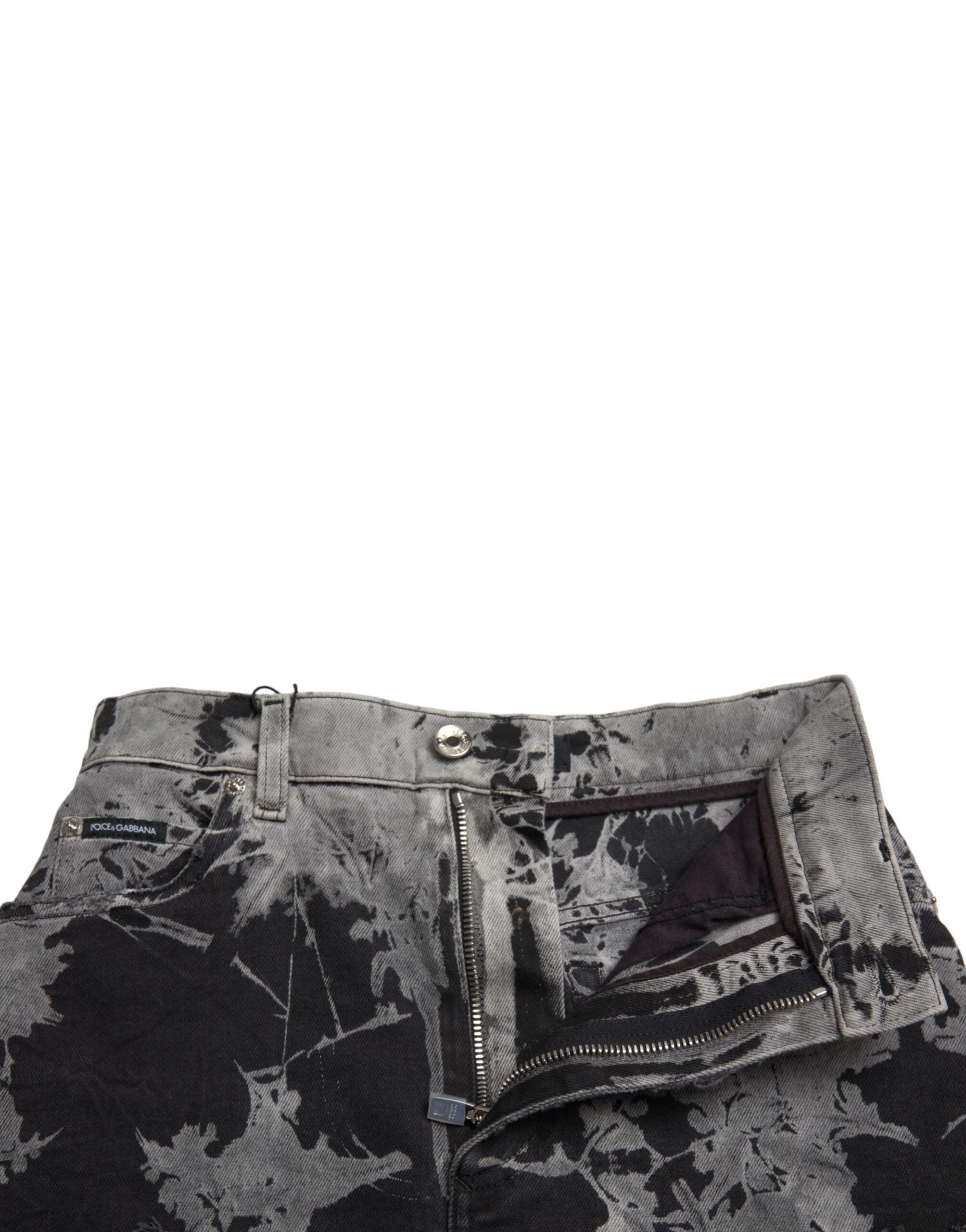 Black and gray lace cotton high-waist denim mini skirt by Dolce & Gabbana, featuring a fitted waistband and stylish lace details.
