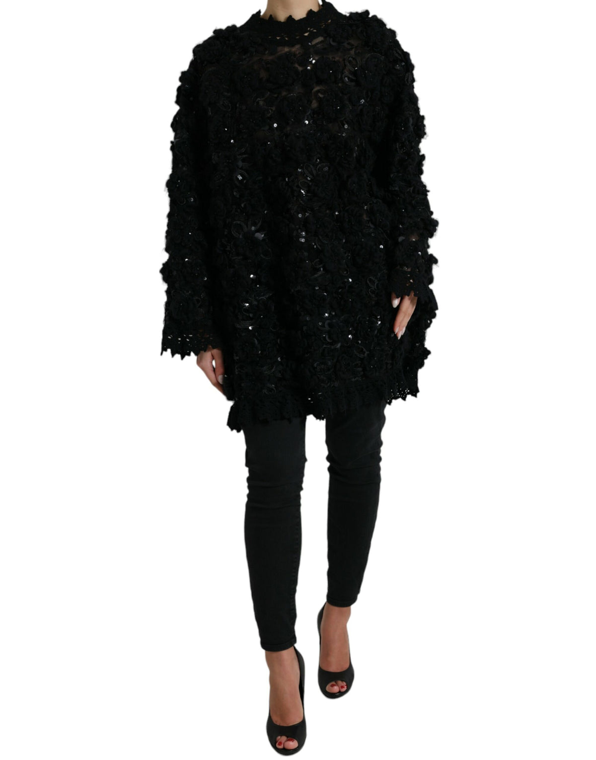 Black sequined embellished pullover sweater by Dolce & Gabbana, featuring shimmering sequins and a cozy knit design.