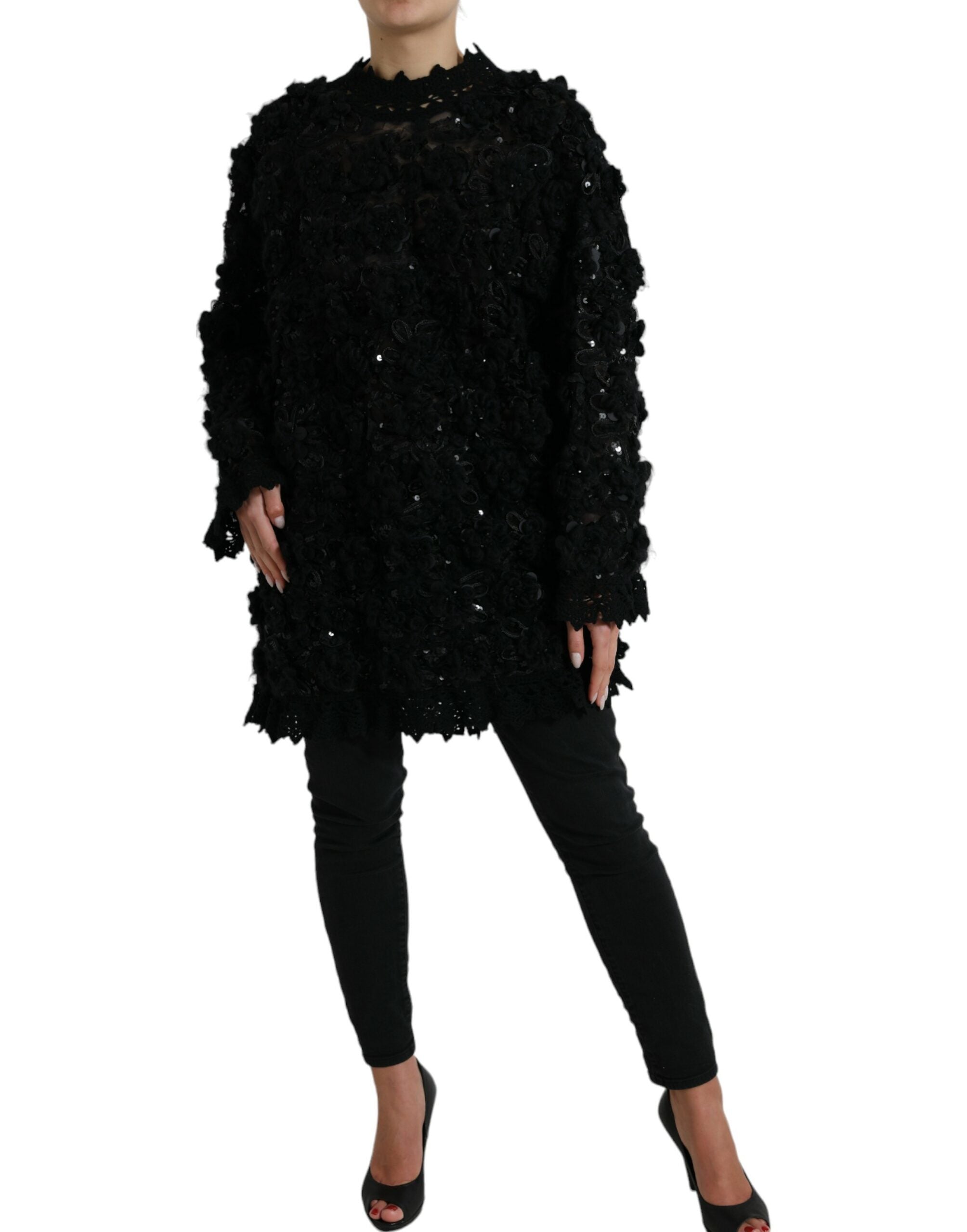 Black sequined embellished Dolce & Gabbana pullover sweater with sparkling details, showcased on a plain background.