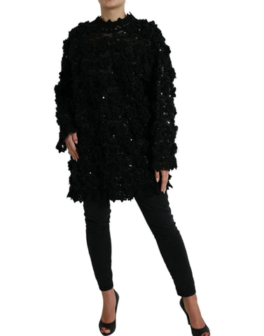 Black sequined embellished Dolce & Gabbana pullover sweater with sparkling details, showcased on a plain background.