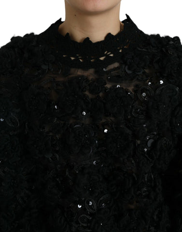 Black sequined embellished pullover sweater by Dolce & Gabbana featuring shimmering sequins and a relaxed fit.