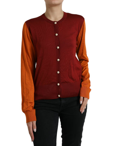 Multicolor Dolce & Gabbana color block silk crewneck cardigan shown in the image.