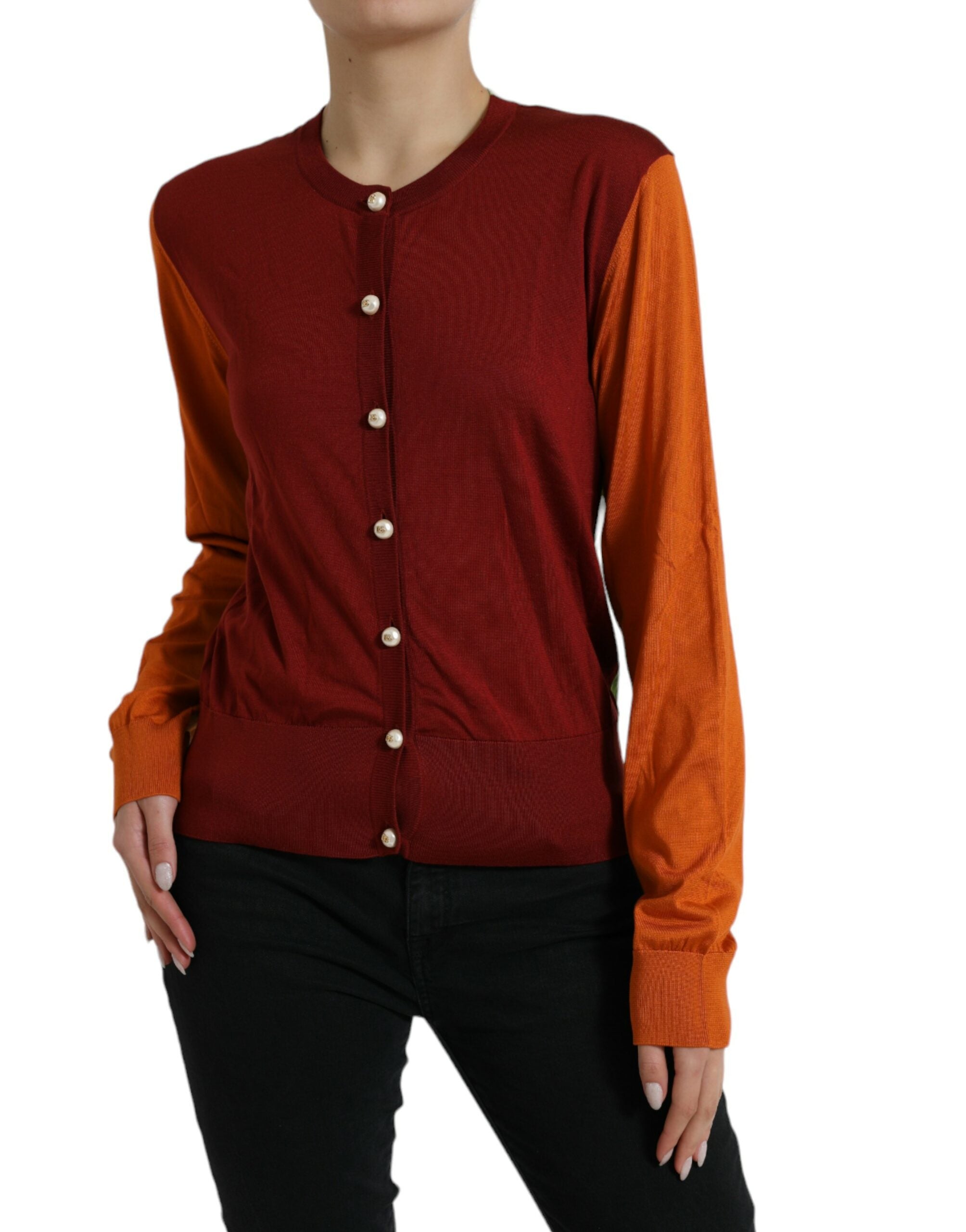 Multicolor color block silk crewneck cardigan by Dolce & Gabbana, featuring vibrant knit design and classic fit.
