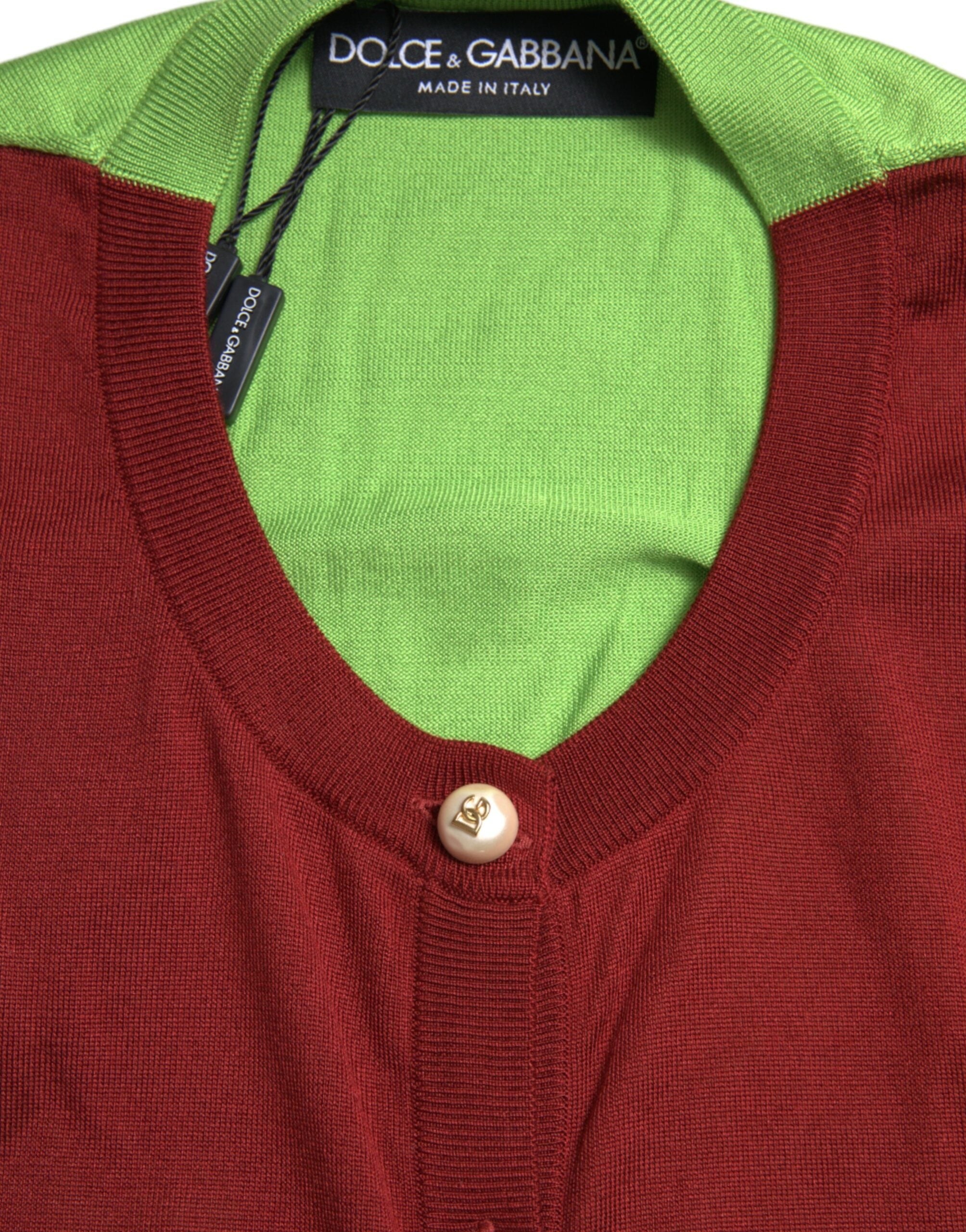 Multicolor Dolce & Gabbana color block silk crewneck cardigan with long sleeves and vibrant design.