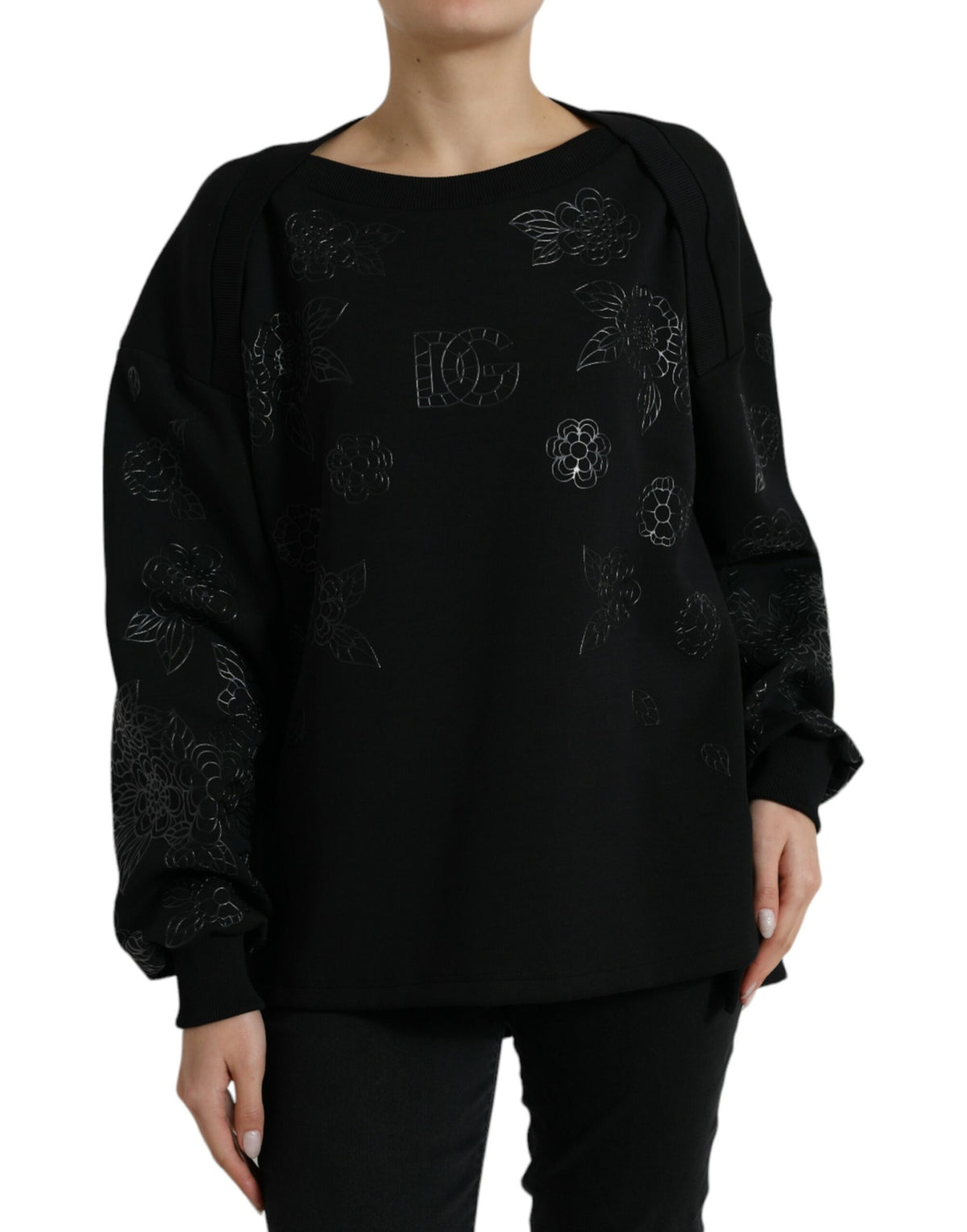 Black Dolce & Gabbana floral logo applique pullover sweater with a cozy knit texture and stylish design.