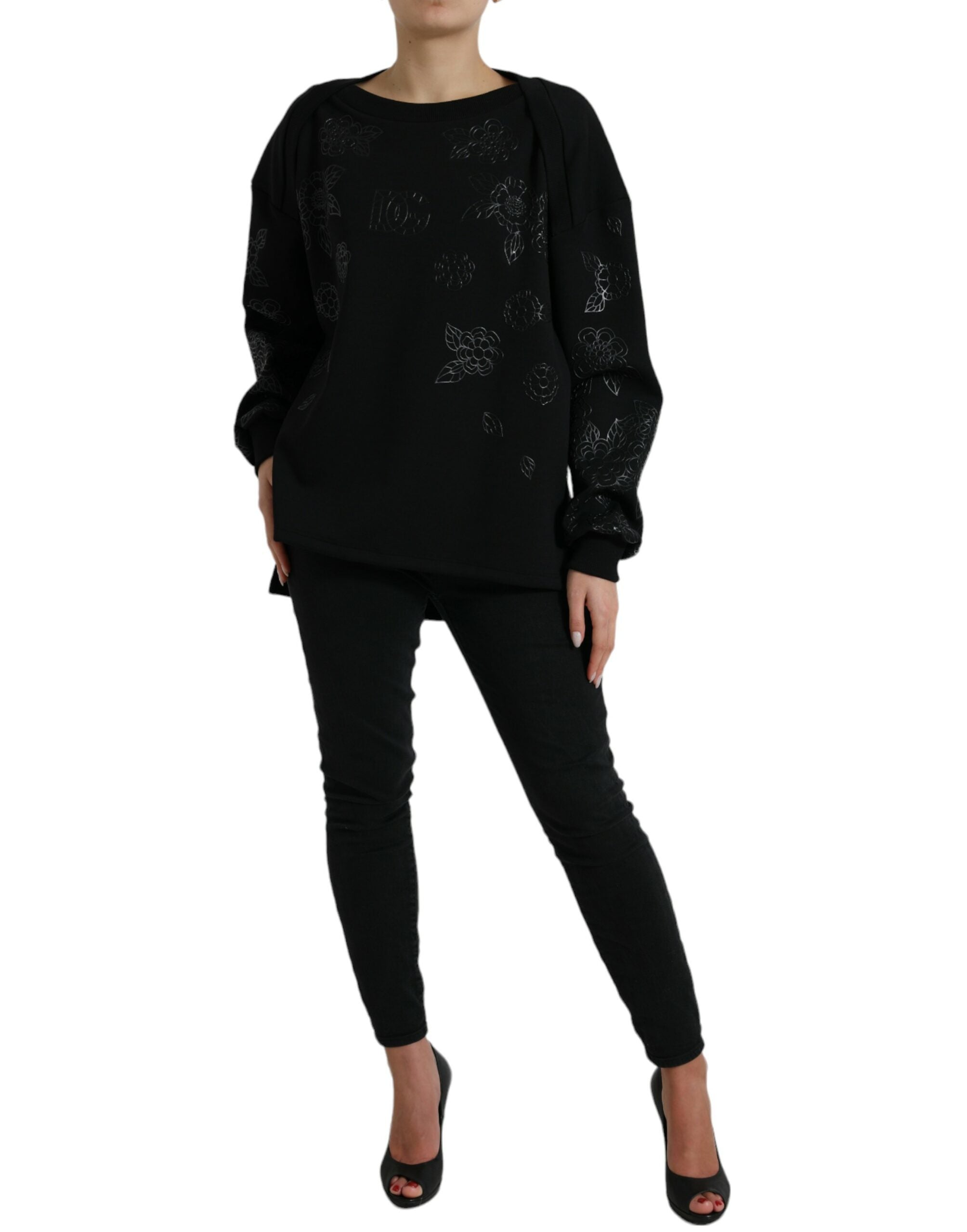 Black Dolce & Gabbana floral logo appliqué pullover sweater with a round neckline and long sleeves.