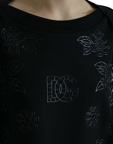 Black Dolce & Gabbana pullover sweater with floral logo applique, featuring a cozy knit and stylish design.