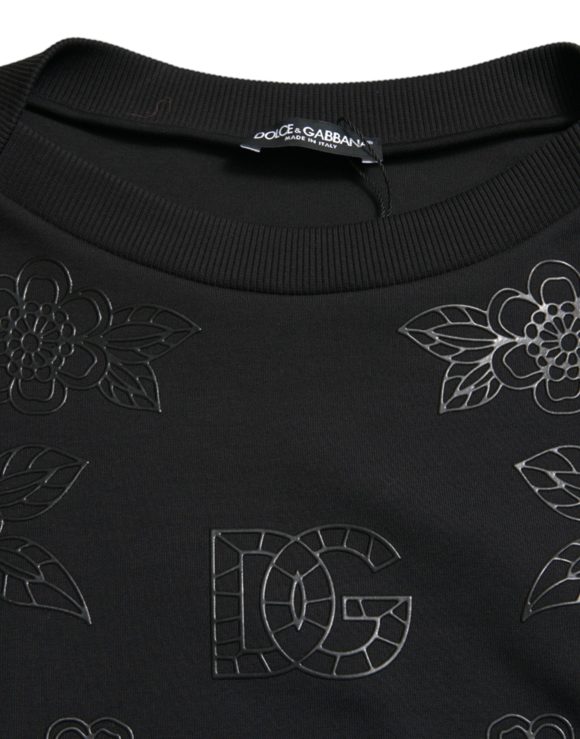 Black Dolce & Gabbana floral logo applique pullover sweater with ribbed cuffs and a cozy fit.