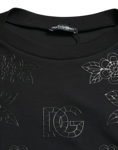 Black Dolce & Gabbana floral logo applique pullover sweater with ribbed cuffs and a cozy fit.