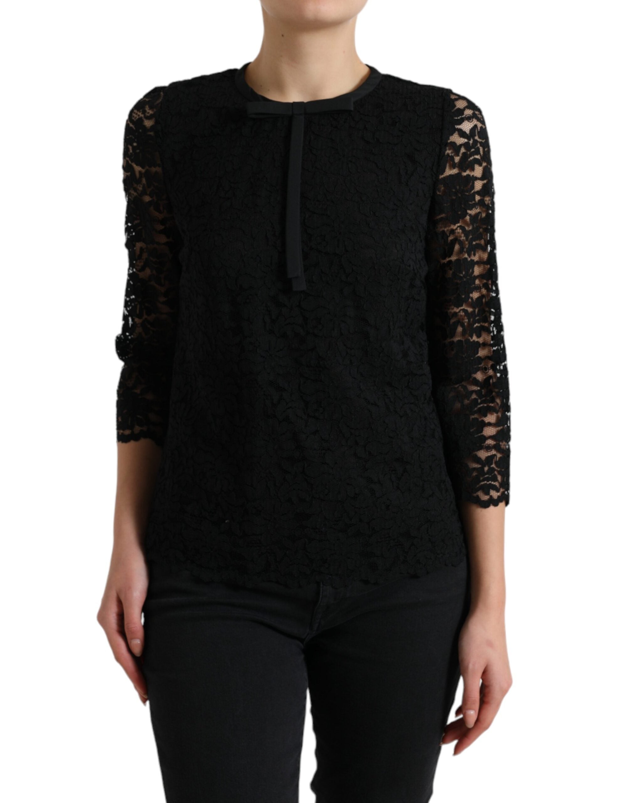 Black Dolce & Gabbana floral lace nylon blouse, stylish staff top featuring intricate lace detailing and a sleek silhouette.