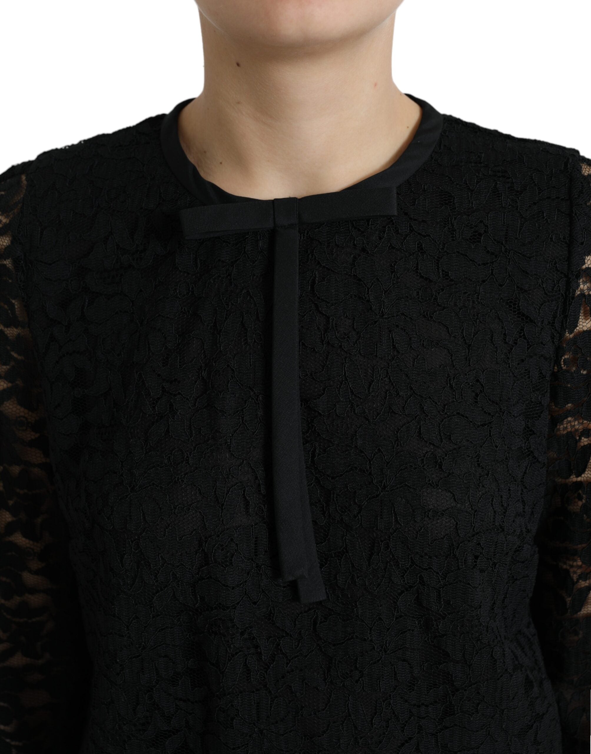 Black STAFF blouse with floral lace details and nylon fabric, stylish Dolce & Gabbana top for elegant wear.