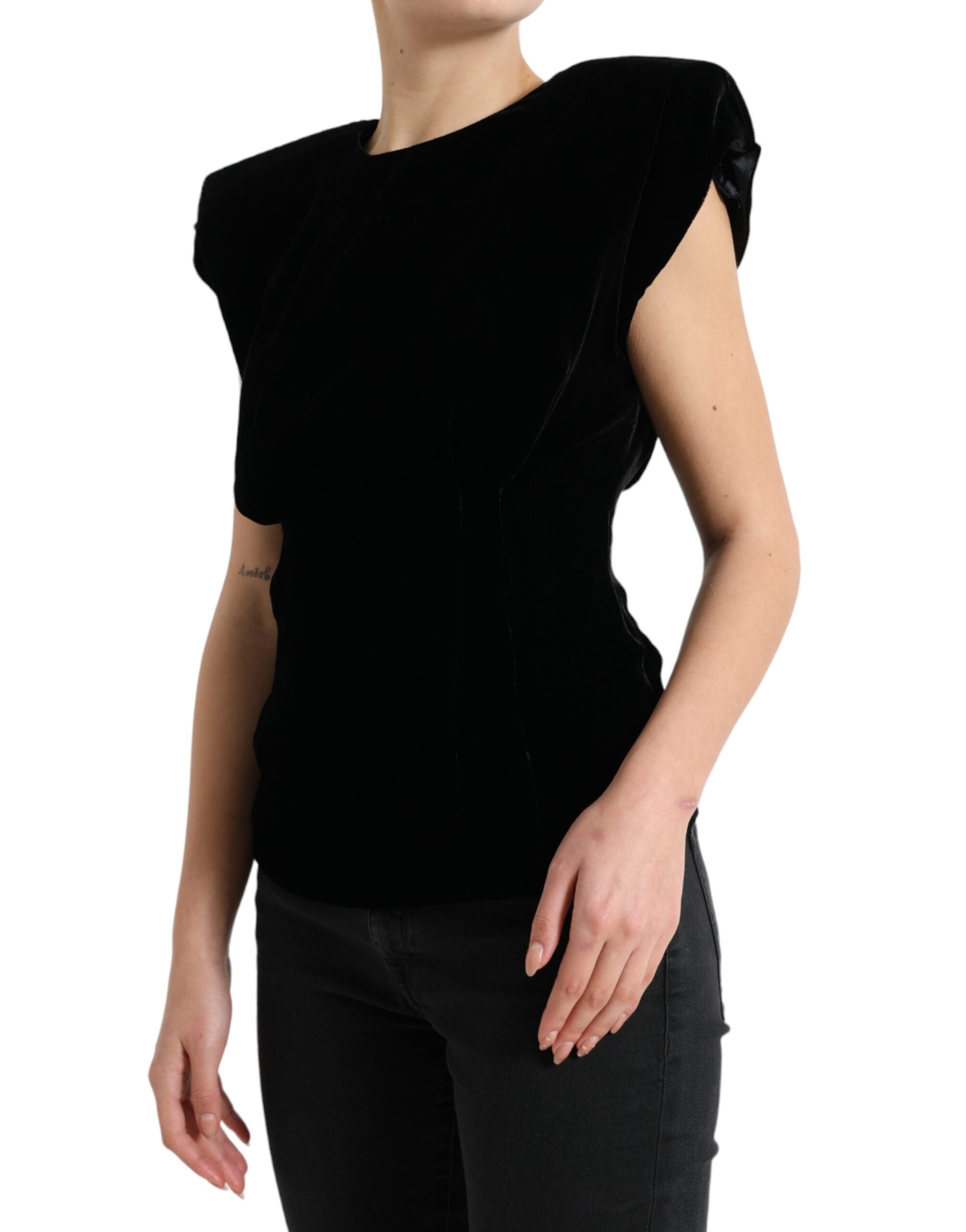 Black velvet fitted blouse with padded shoulders by Dolce & Gabbana, featuring a sleek and elegant design.