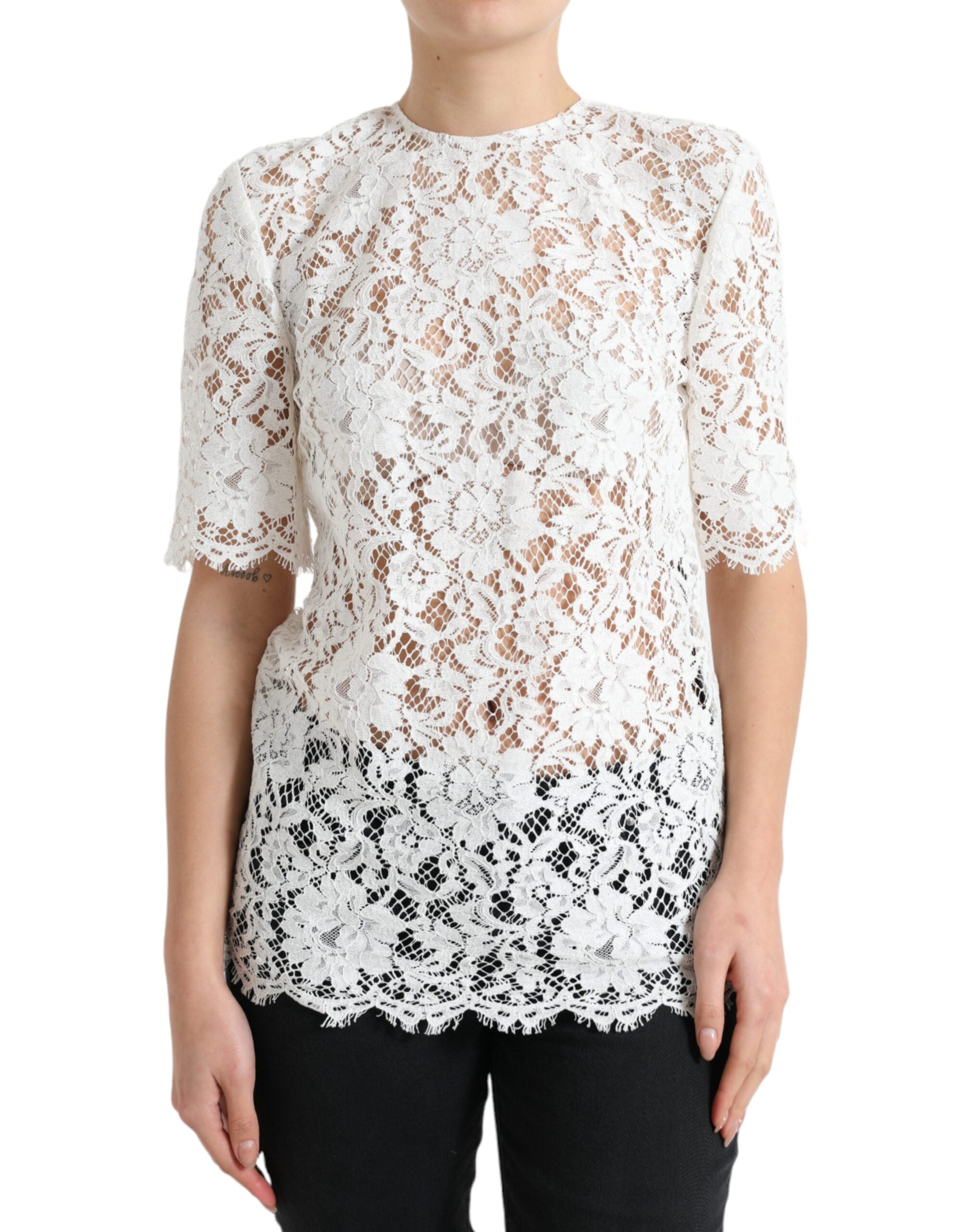White floral lace cotton blouse with round neckline, elegant top by Dolce & Gabbana, featuring intricate lace details.