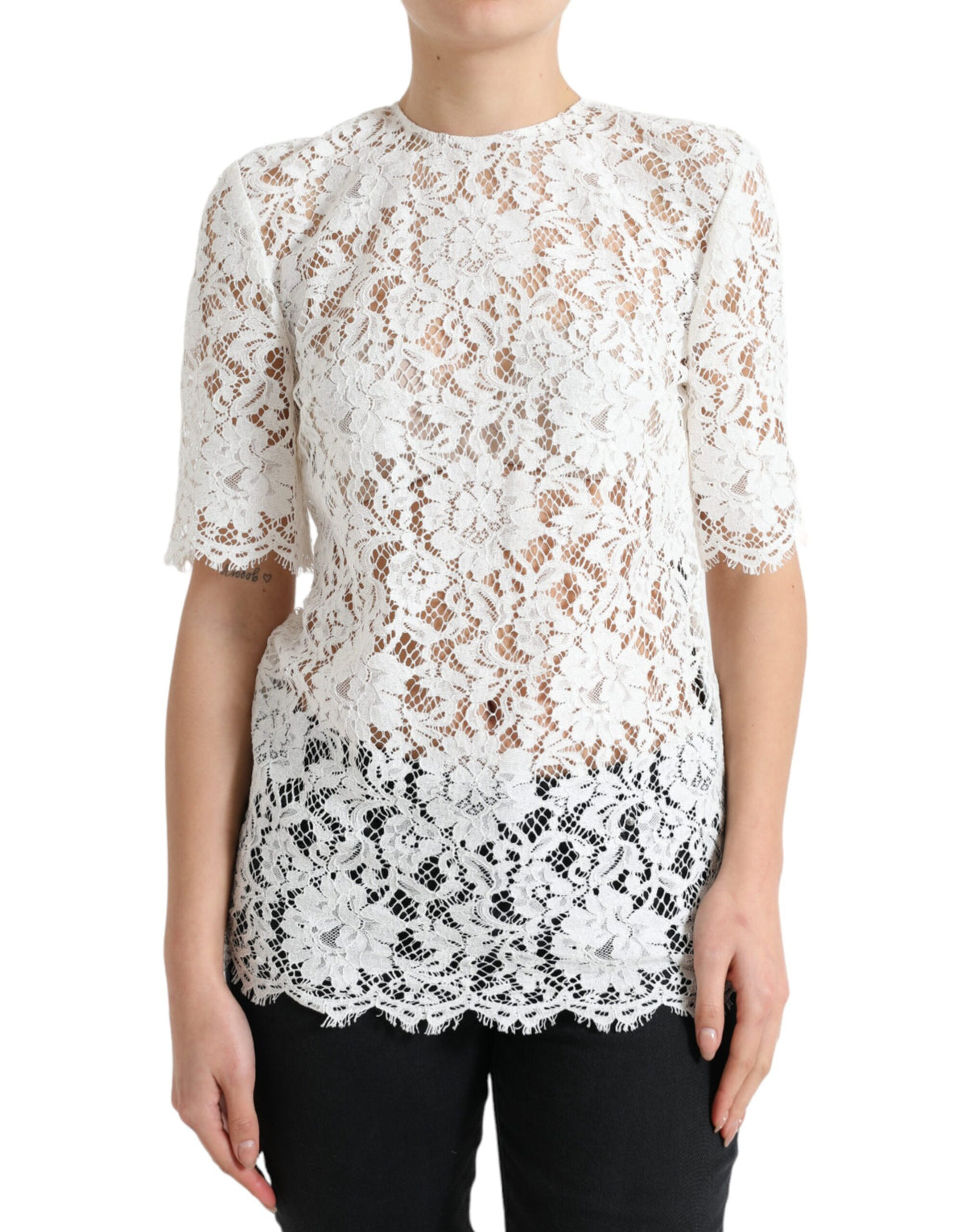 White floral lace cotton blouse with round neckline, elegant top by Dolce & Gabbana, featuring intricate lace details.