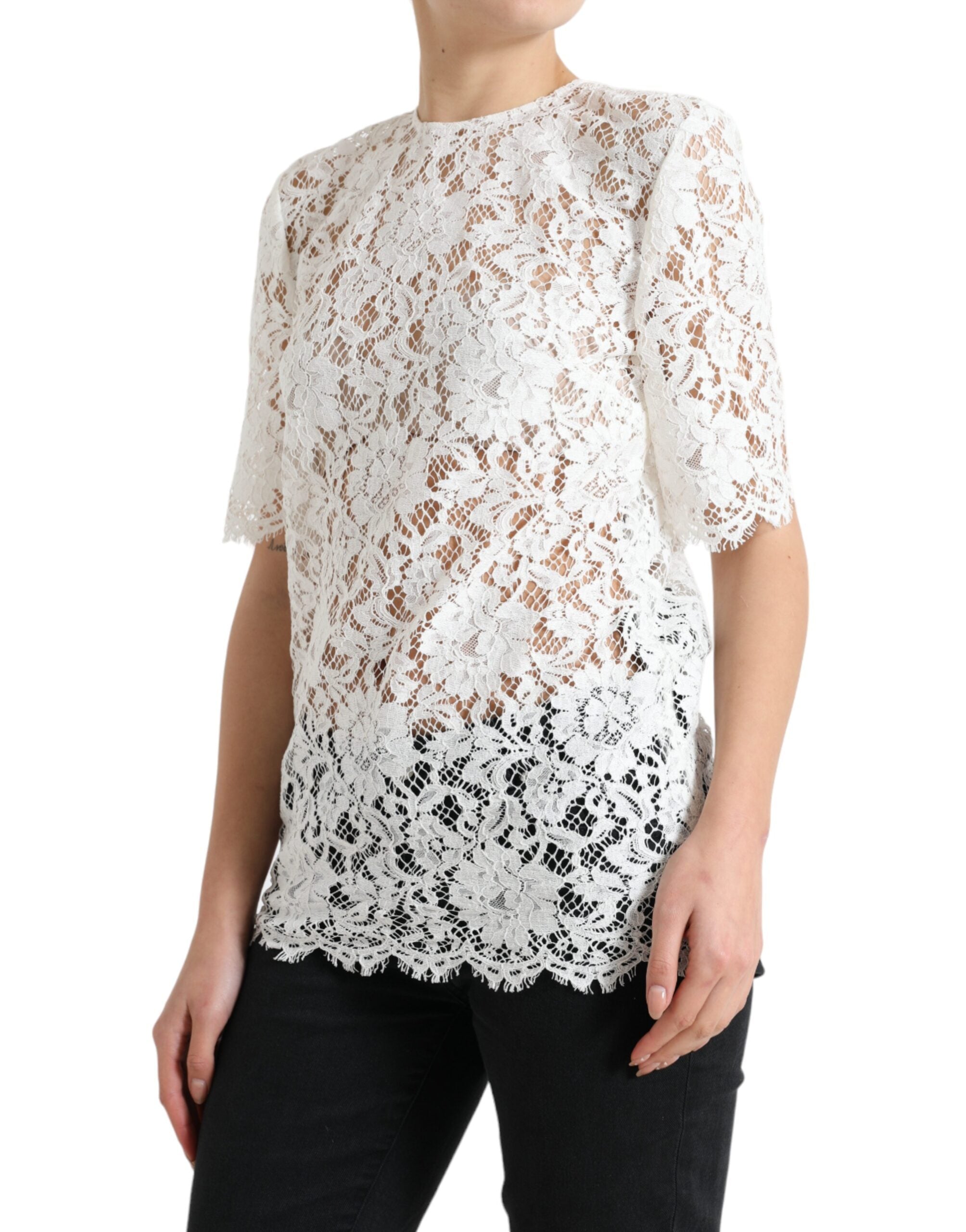 White floral lace cotton blouse top with round neck from Dolce & Gabbana, featuring delicate lace details and a classic fit.