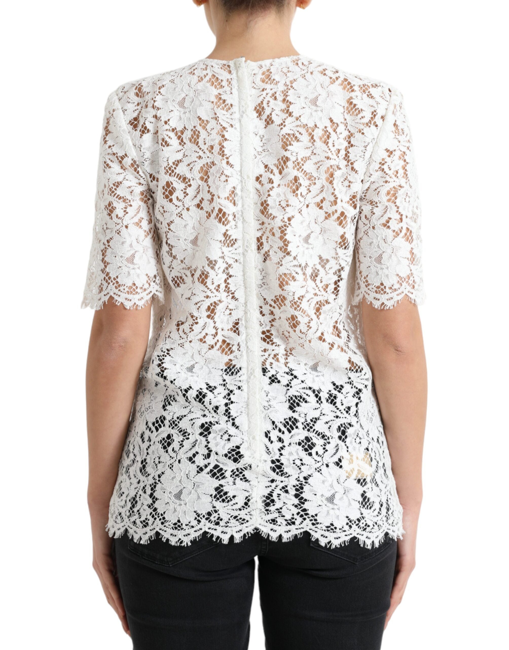 White floral lace cotton blouse with round neck from Dolce & Gabbana, featuring intricate lace details and a classic fit.