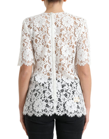 White floral lace cotton blouse with round neck from Dolce & Gabbana, featuring intricate lace details and a classic fit.