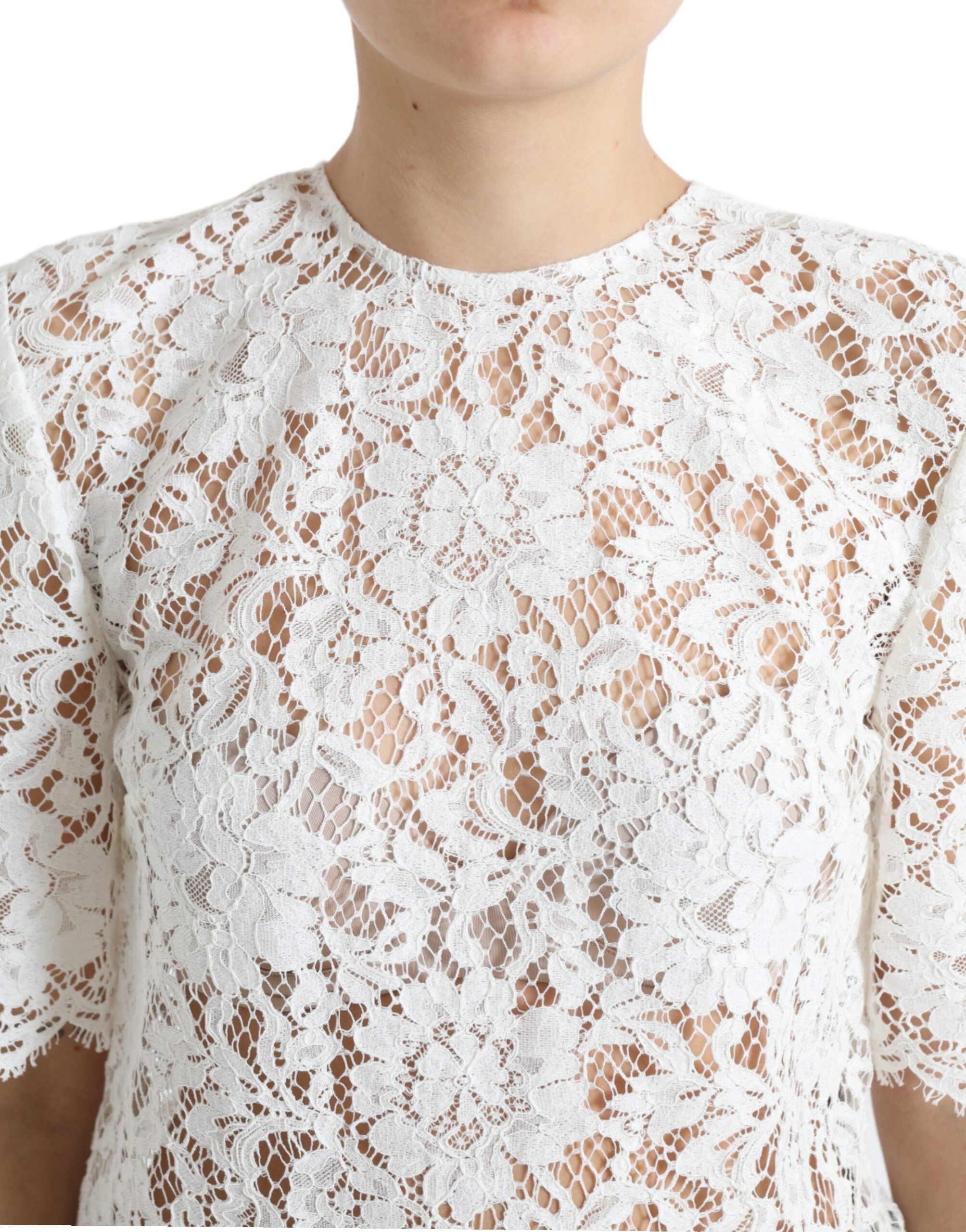 White floral lace cotton blouse top with round neck by Dolce & Gabbana, featuring intricate lace details and a feminine fit.