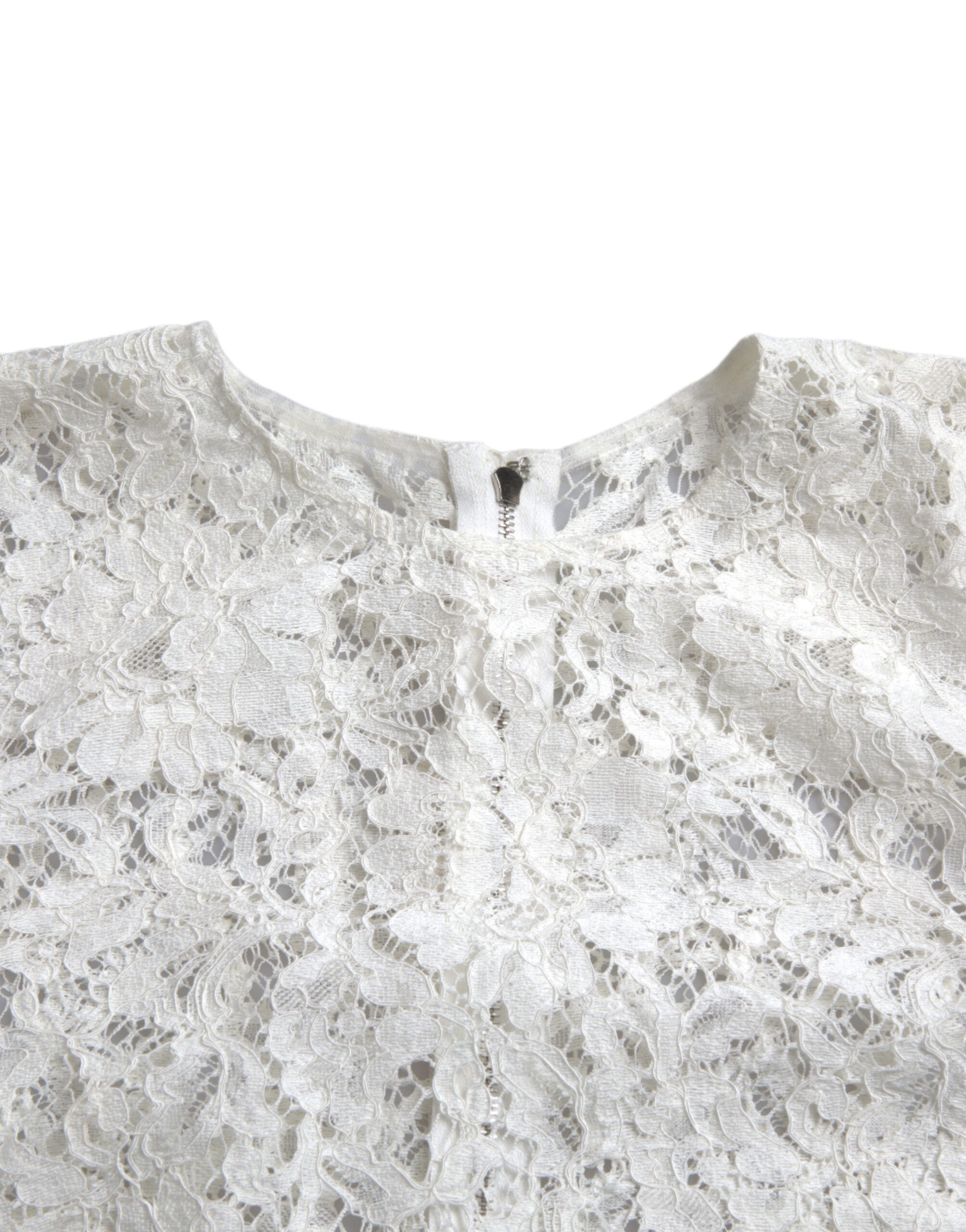 White floral lace cotton blouse top with round neckline from Dolce & Gabbana, featuring intricate lace details and a classic fit.