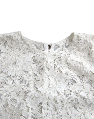 White floral lace cotton blouse top with round neckline from Dolce & Gabbana, featuring intricate lace details and a classic fit.