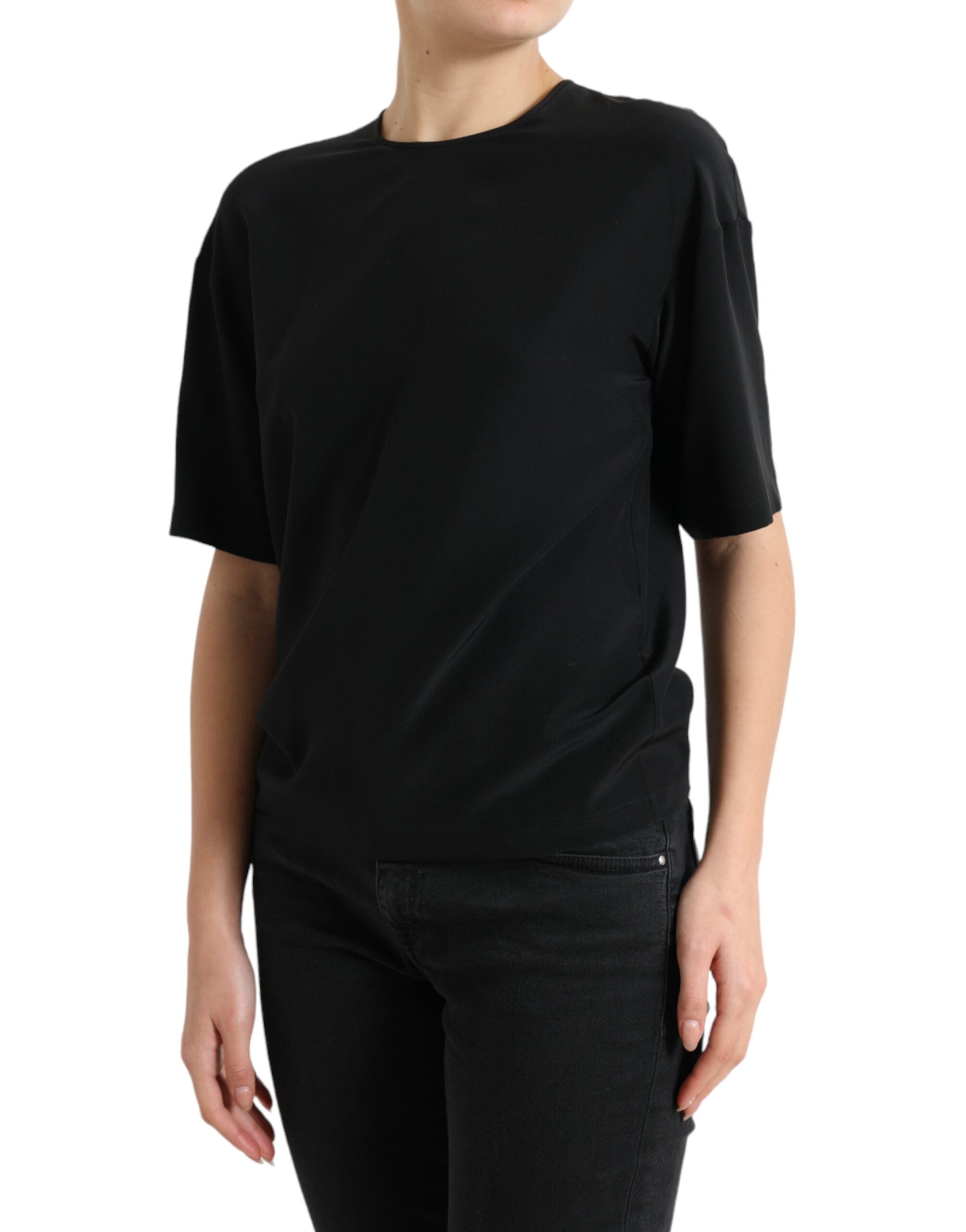 Black silk round neck short sleeve blouse top by Dolce & Gabbana with a smooth, luxurious fabric and classic fit.