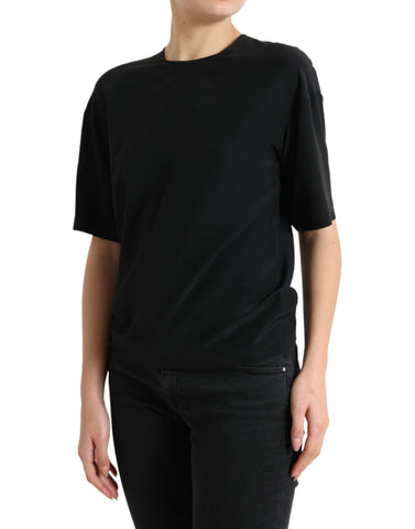 Black silk round neck short sleeve blouse top by Dolce & Gabbana with a smooth, luxurious fabric and classic fit.