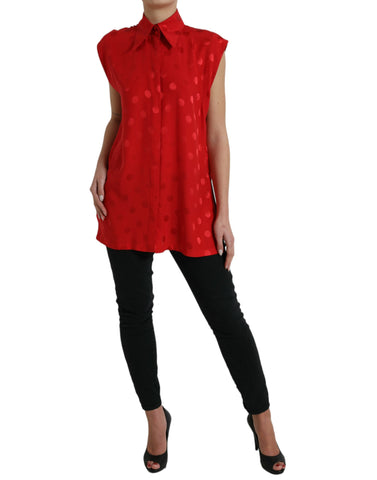 Red polka dot sleeveless collared blouse top by Dolce & Gabbana, featuring a classic design with a stylish collar and playful pattern.