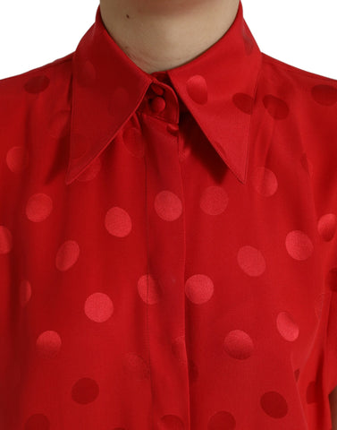 Red polka dot sleeveless collared blouse top by Dolce & Gabbana, featuring a stylish collar and vibrant polka dot pattern.
