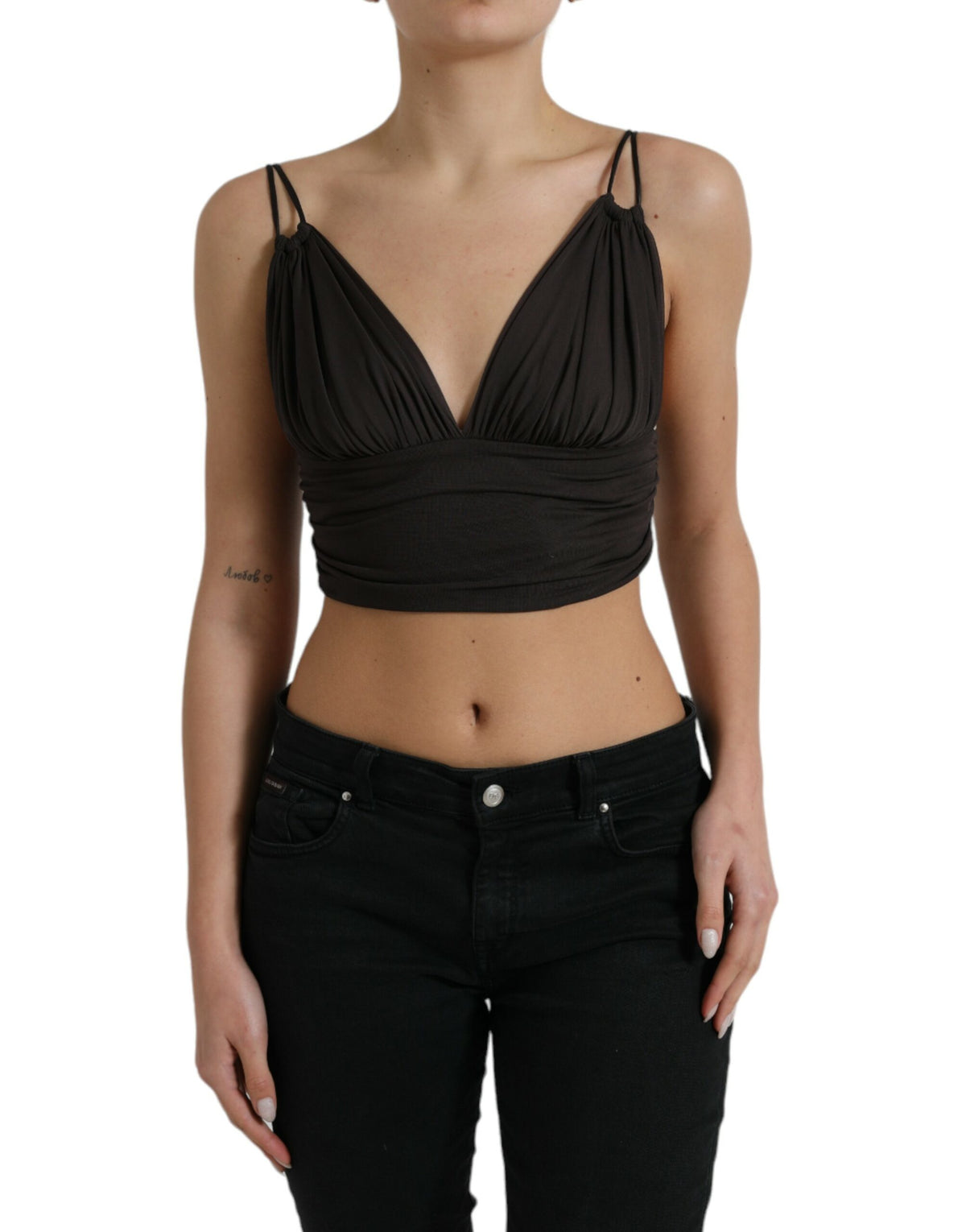 Brown viscose cropped tank top with plunging V-neck design by Dolce & Gabbana, shown on a plain background.