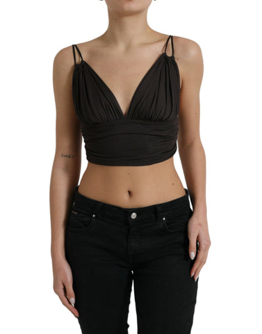 Brown viscose cropped tank top with plunging V-neck design by Dolce & Gabbana, shown on a plain background.