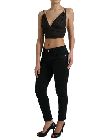 Brown viscose plunging V-neck cropped tank top by Dolce & Gabbana, with a fitted design and sleeveless style.
