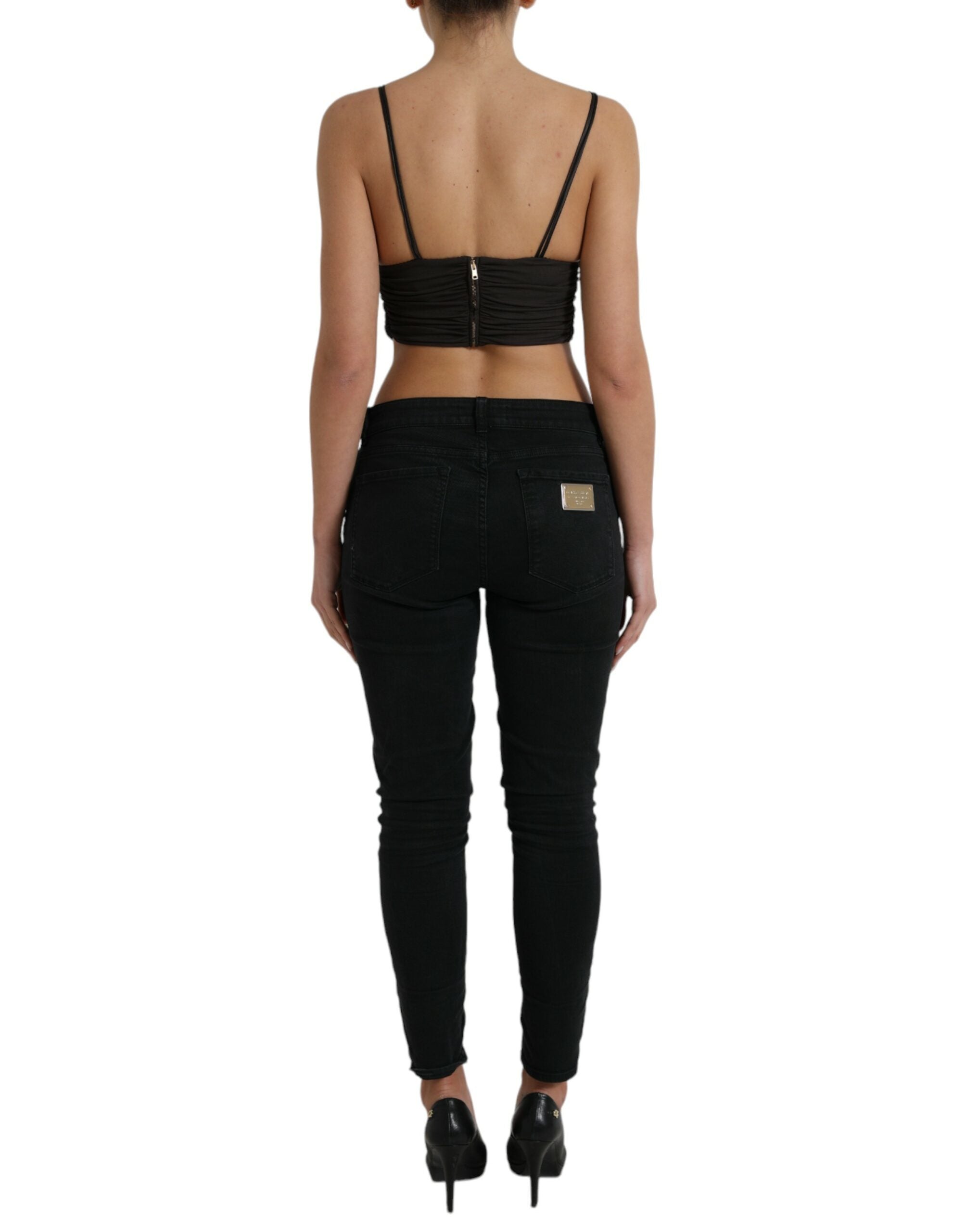 Brown viscose plunging V-neck cropped tank top by Dolce & Gabbana, showing the fitted sleeveless design and V-neck detail.