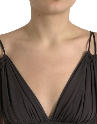 Brown viscose cropped tank top with plunging V-neck by Dolce & Gabbana, featuring a fitted sleeveless design.