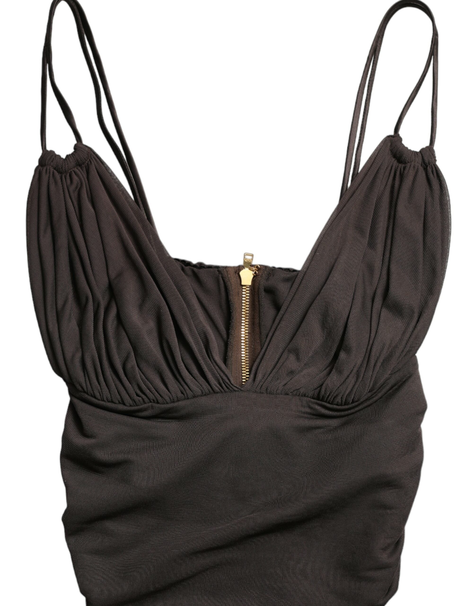 Brown viscose plunging V-neck cropped tank top by Dolce & Gabbana, shown with a fitted style and sleeveless design.