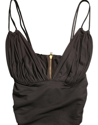 Brown viscose plunging V-neck cropped tank top by Dolce & Gabbana, shown with a fitted style and sleeveless design.