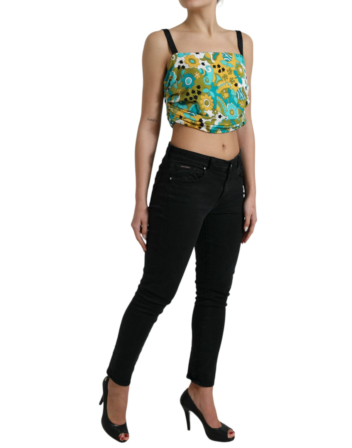 Multicolor floral sleeveless cropped top by Dolce & Gabbana, featuring vibrant flower patterns and a fitted design.